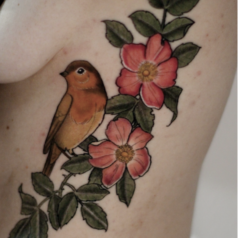 Rotkehlchen und Wildrosen, Botanical Illustration, Flora und Fauna, Blumen Tattoo, Rosen Tattoo, Natur, Botanik, Pflanzen Tattoo, Tattoo vegan